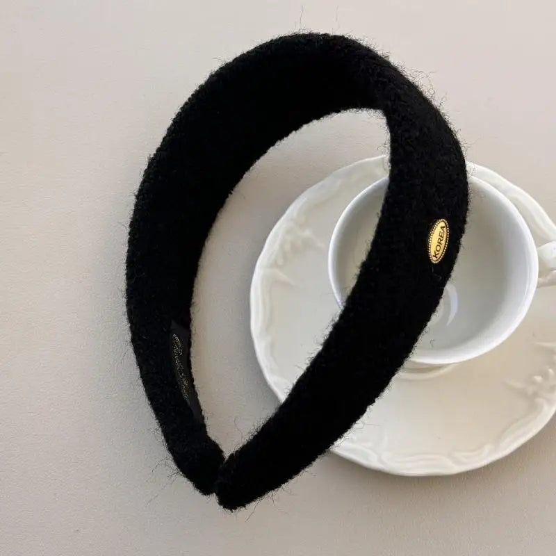 Korean Fuzzy Headband – Soft Plush Hairband with Gold Logo