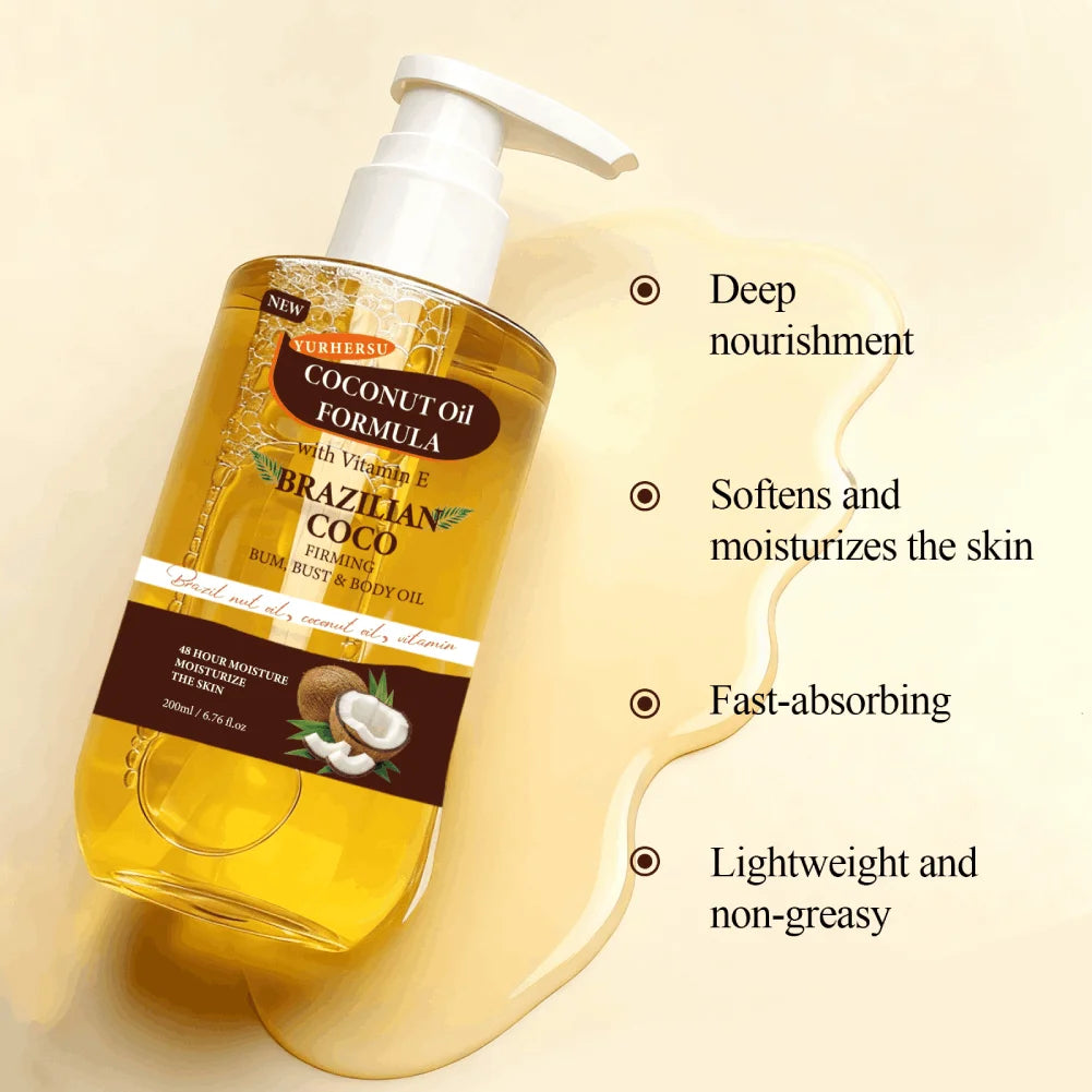 Brazilian Organic Coconut Firming Body Oil Long Lasting Moisturizing and Hydrating with Natural Vanilla Extract Body Skincare Peaceful Pleasures Health and Wellness