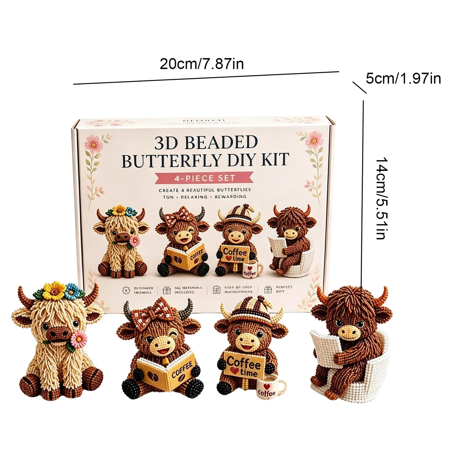 3D DIY Beaded Animal DIY Kit 4PCS Cute Highland Cow Beading Craft Set Animal Beading Kit Gift for Beginners & Craft Enthusiasts Peaceful Pleasures Health and Wellness