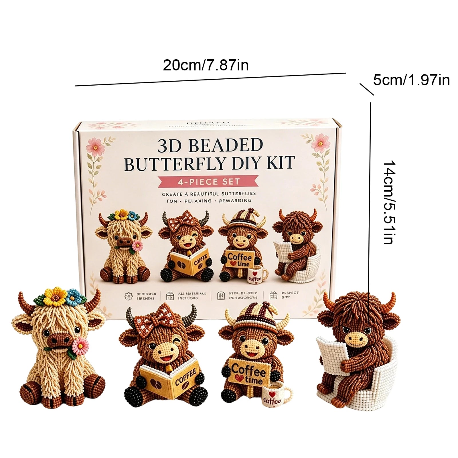 3D DIY Beaded Animal DIY Kit 4PCS Cute Highland Cow Beading Craft Set Animal Beading Kit Gift for Beginners & Craft Enthusiasts Peaceful Pleasures Health and Wellness