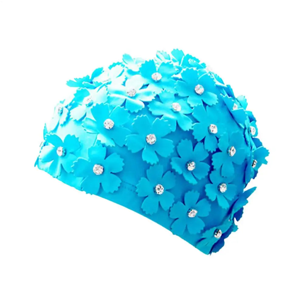 Rhinestone Flower Swim Cap for Women – Waterproof Bathing Hat