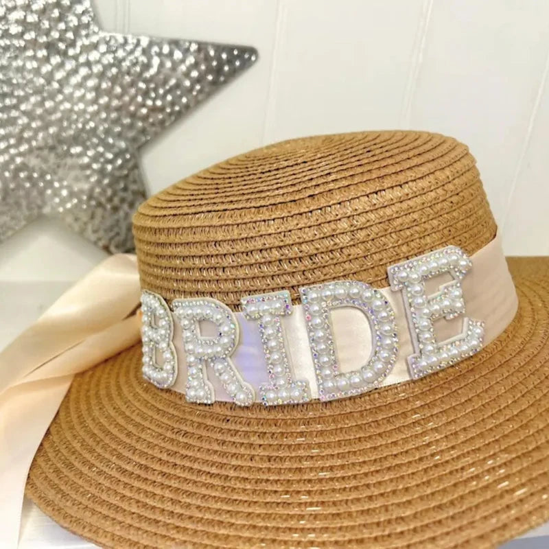 Bride Straw Hat Pearl Ribbon | Bridal Shower Bachelorette Gift