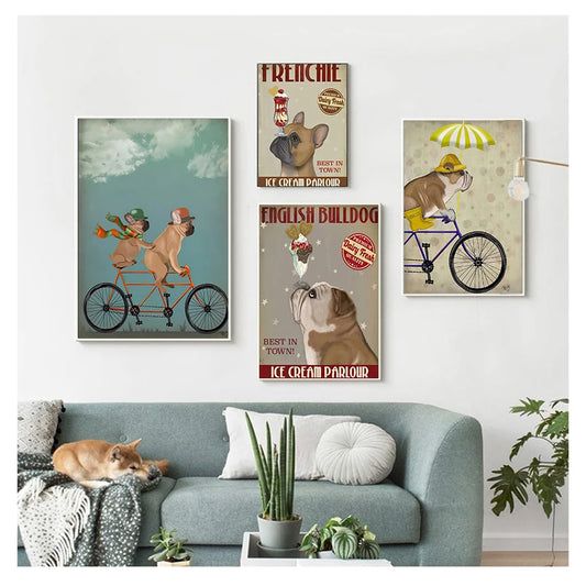 English Bulldog Ice Cream Retro Canvas Wall Art | Unframed Canvas Wall Art Peaceful Pleasures Health and Wellness