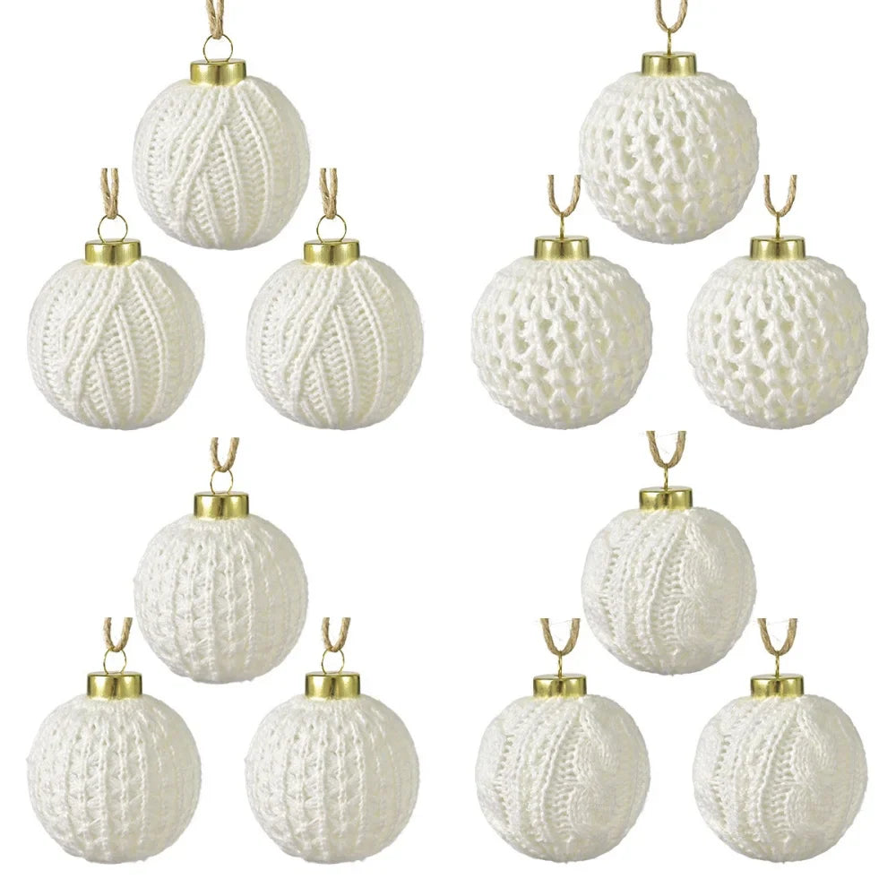 12-Piece White Knitted Yarn Christmas Ball Ornaments Set