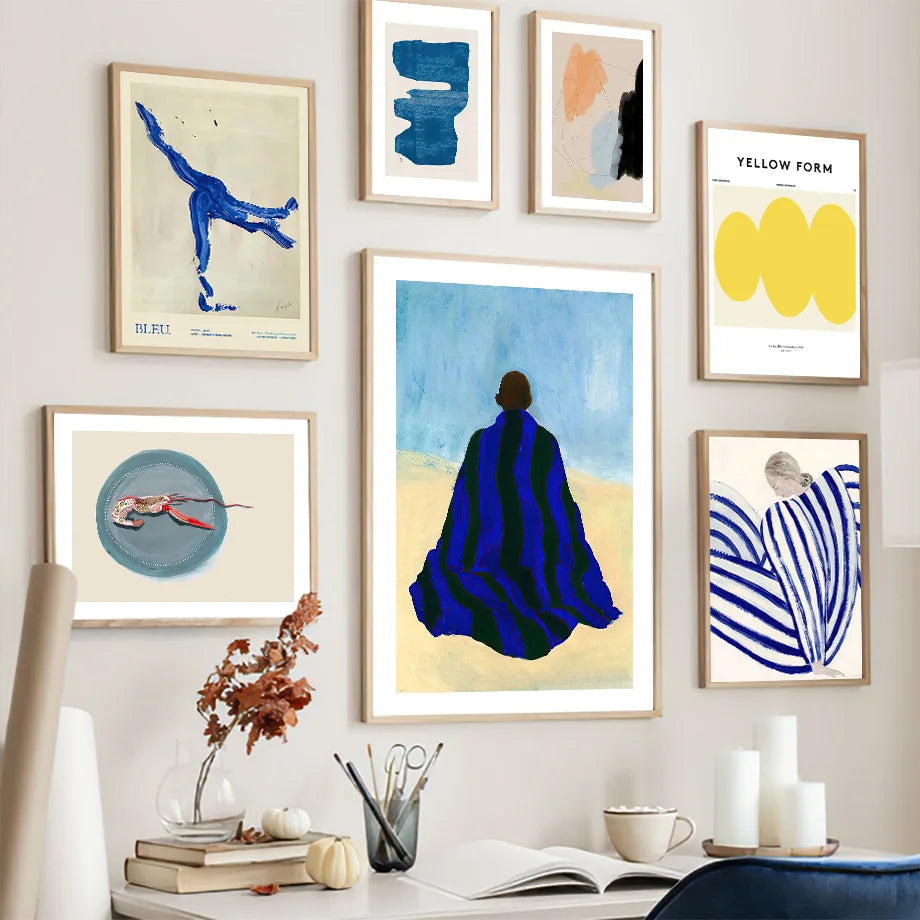 Blue Striped Girl Book Vase Abstract Canvas Wall Art Print