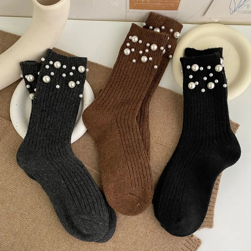 1 Pair of Women's Fashionable Pearl Decorative Socks, Cute Princess Style Mid Calf Korean Style Socks, Clothing Accessories Peaceful Pleasures Health and Wellness