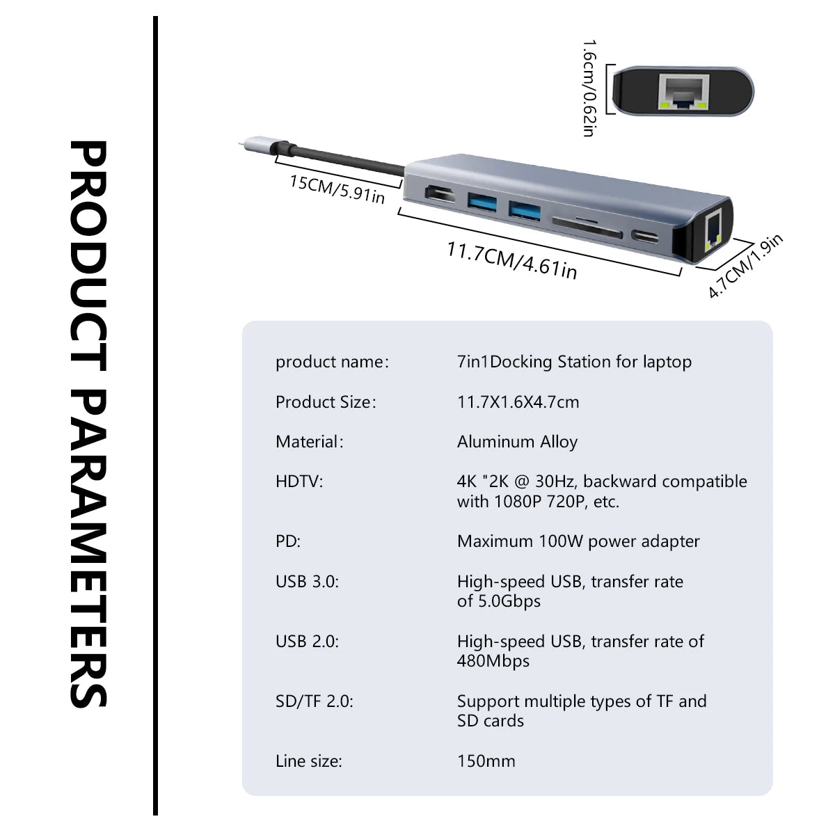 7-in-1 USB-C Hub: HDMI, PD 100W, RJ45, SD/TF & USB 3.0