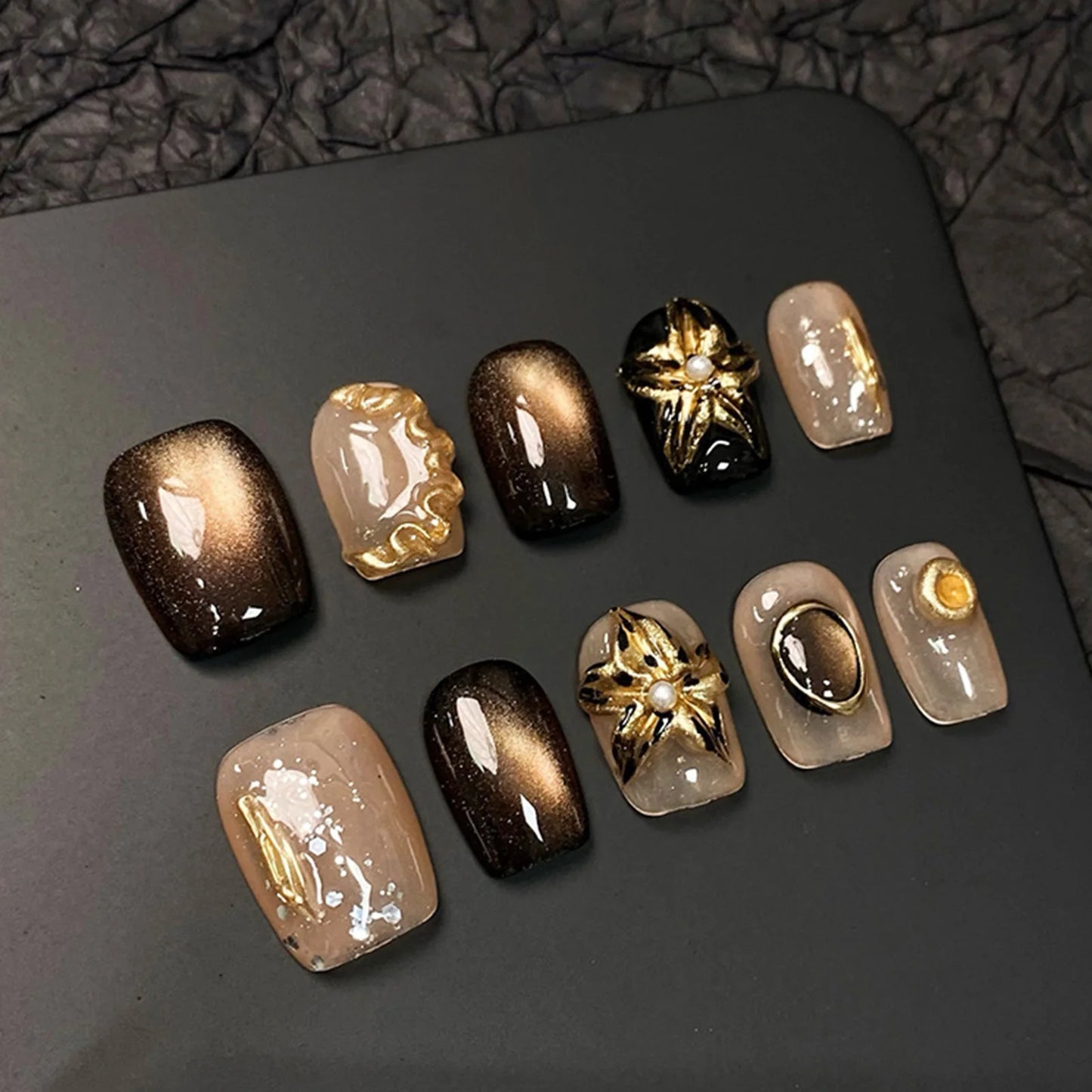 10pcs Handmade Press On Nails Cute Starfish Cat's Eye Aurora Fake Nail Tips Wearable Fantasy Mermaid Short Square False Nails Peaceful Pleasures Health and Wellness L