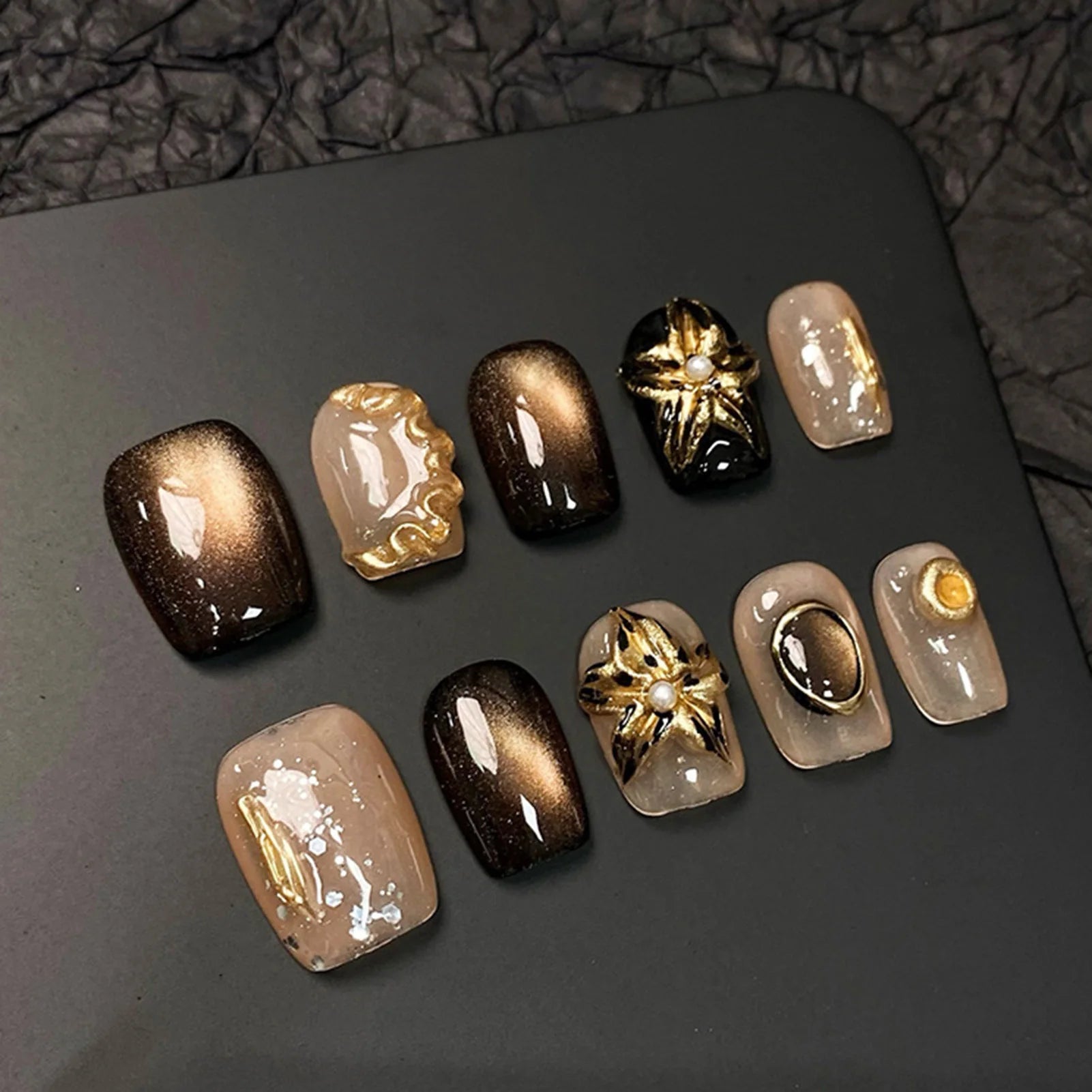 10pcs Handmade Press On Nails Cute Starfish Cat's Eye Aurora Fake Nail Tips Wearable Fantasy Mermaid Short Square False Nails Peaceful Pleasures Health and Wellness L