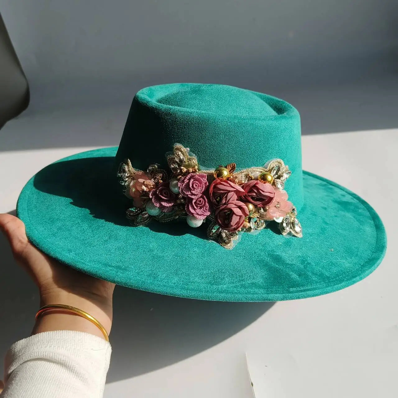 Vegan Suede Fedora Hat | Rhinestone Wide Brim Pork Pie