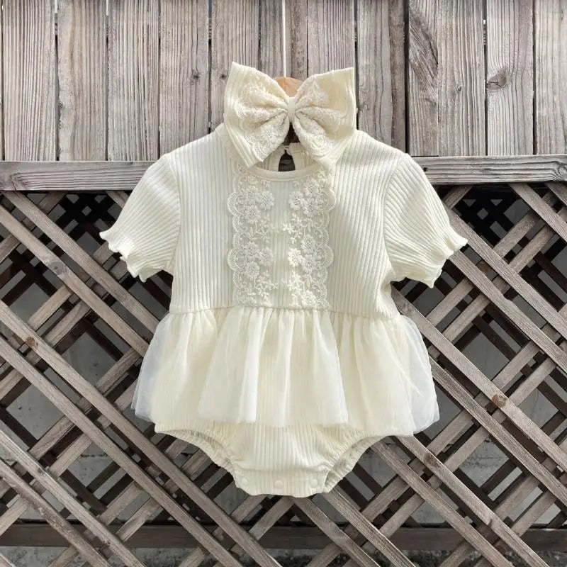 Newborn Baby Lace Romper & Bowknot Headband Photo Outfit Set