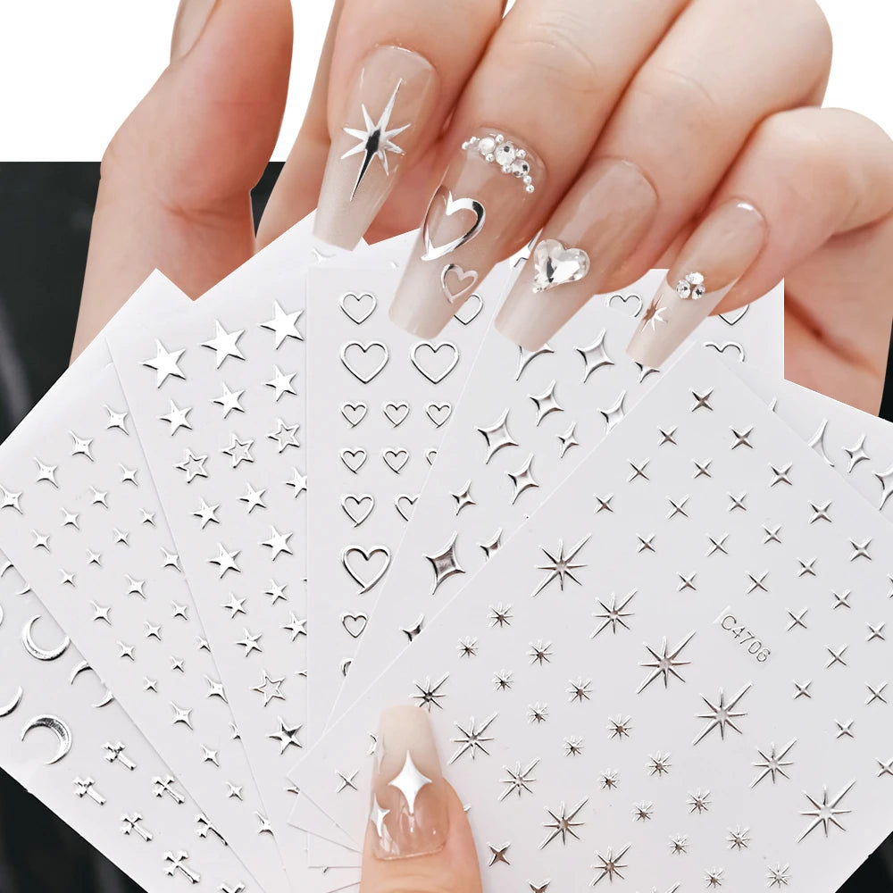 3D Silver Nail Art Stickers – Stars, Hearts & Chain Decals