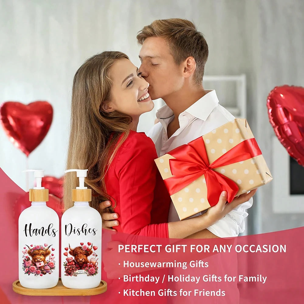 2Pcs Valentine's Day Soap Dispenser with Tray Highland Cow Dishes and Hands Dispenser with Pump 16 Oz Refillable Liquid Soap Peaceful Pleasures Health and Wellness