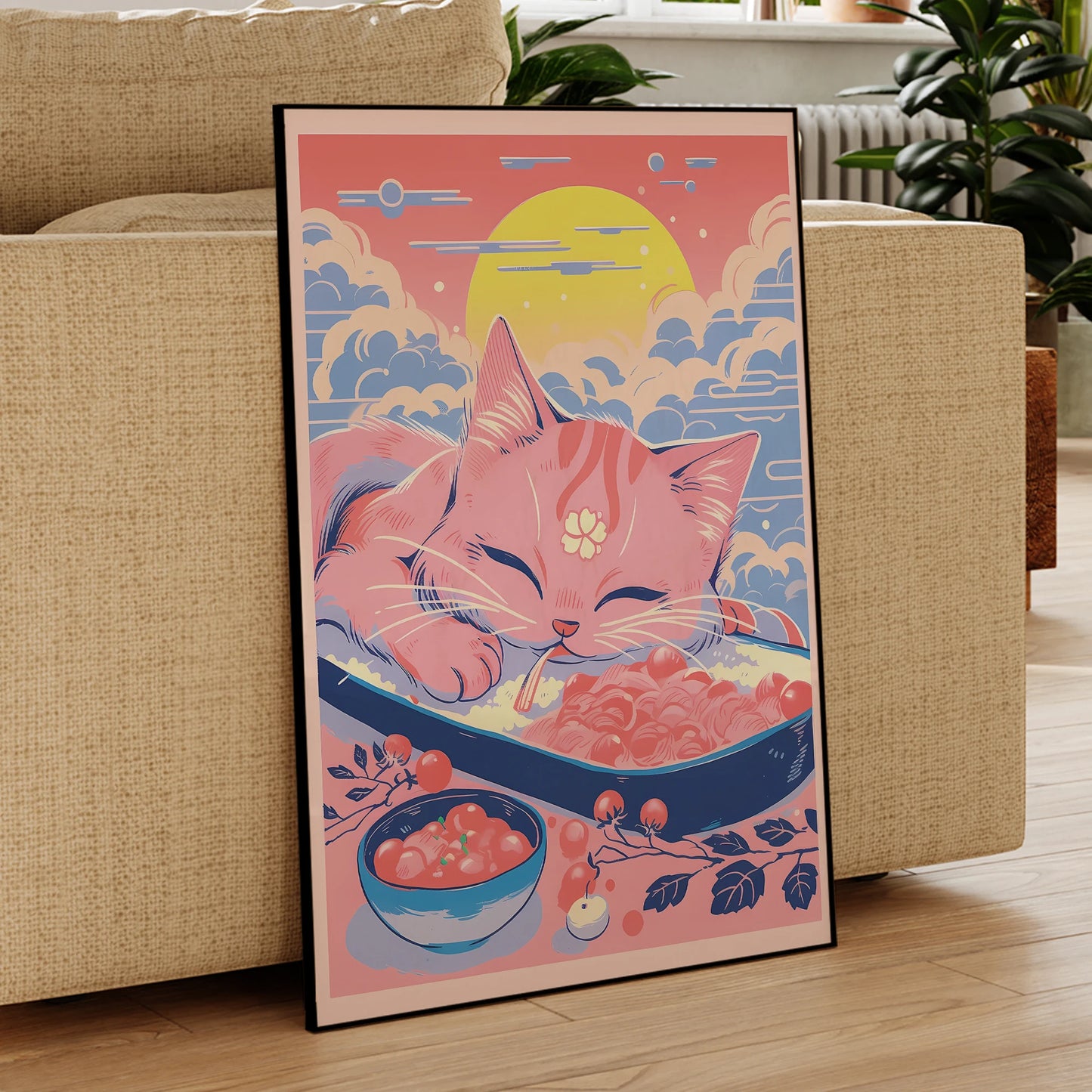 Playful Cat Blue Canvas Wall Art Print | Aluminum Frame