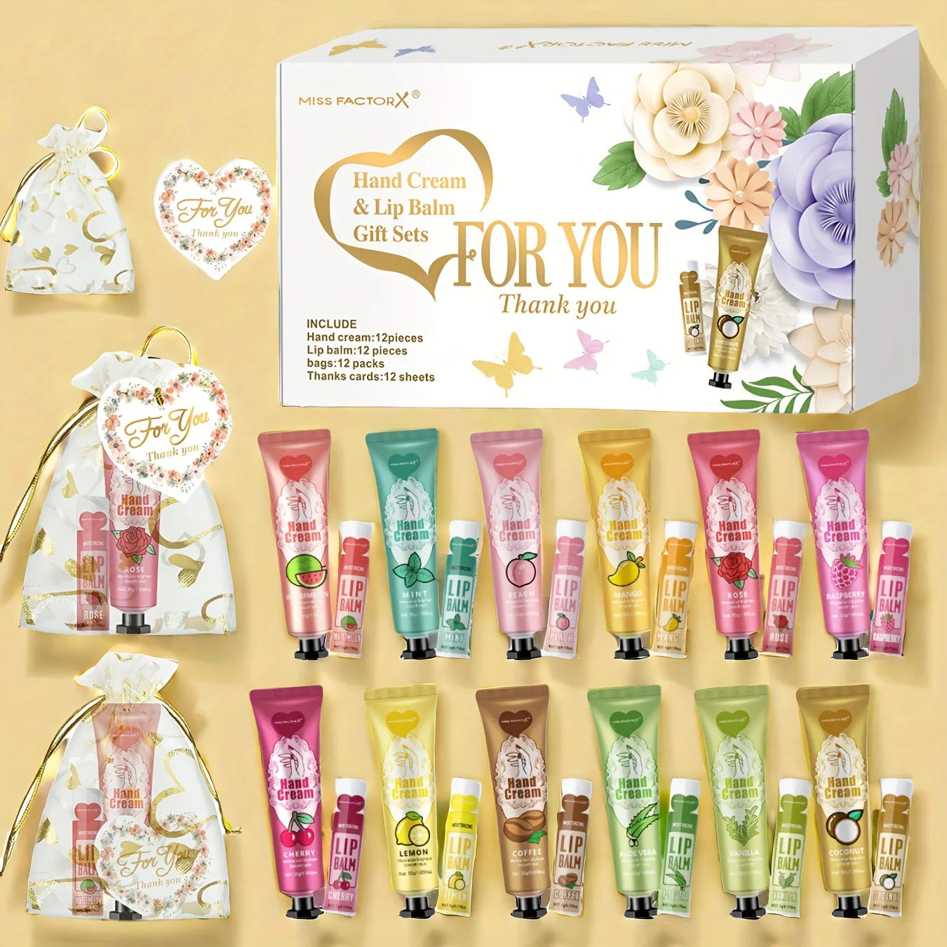 12 Hand gift Hand cream and lip balm set Friends Party Gift with love net bag and thank you card Holiday gift Peaceful Pleasures Health and Wellness