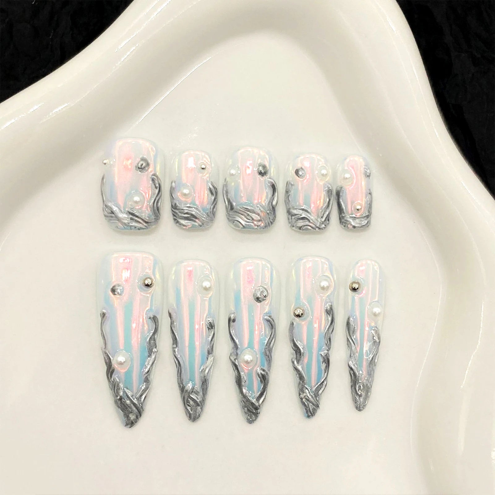 10pcs AB Style Handmade Y2K Press on Nails American Cat's Eye French Fake Nail Decor Almond Tips Wearable Blush False Nails Long Peaceful Pleasures Health and Wellness L