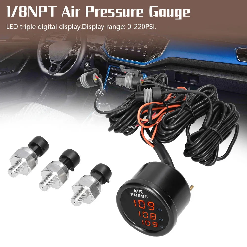 LED Digital Air Suspension Gauge 0-220PSI Triple Display Pressure