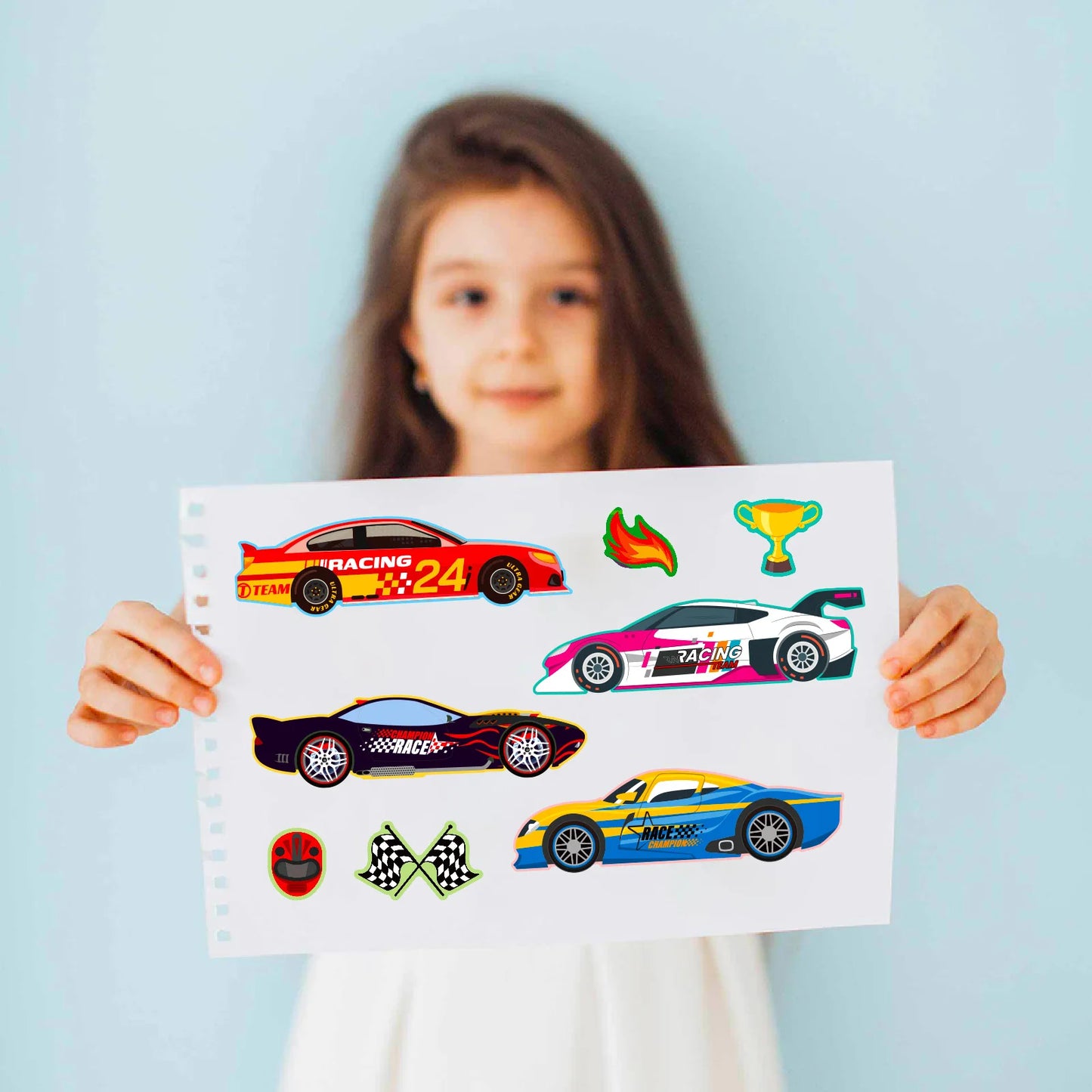Cool Racing Car Cartoon Puzzle Sticker 6 Sheets DIY Face Swap