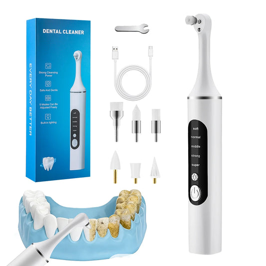 Electric Tooth Polisher with 6 Brush Heads Teeth Whitening Plaque Dental Tartar Remover LED Light Rechargeable Oral Gum Health Peaceful Pleasures Health and Wellness