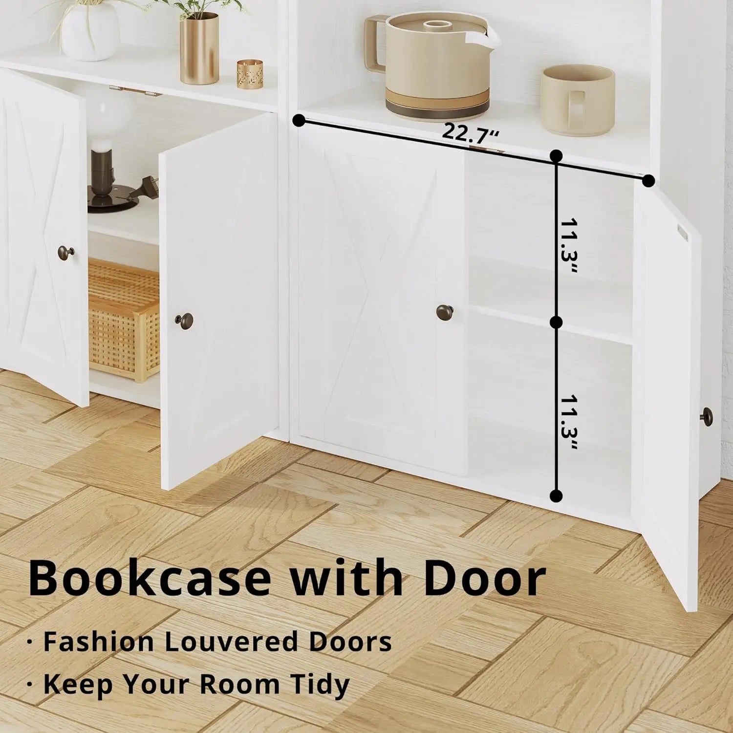White bookcase with door on a wooden floor, showing dimensions.