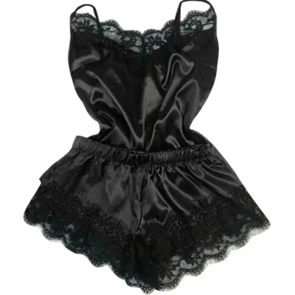 Women's Satin Lace Bowknot Pajama Set – Camisole & Shorts Women's Pajama Set Peaceful Pleasures Health and Wellness Black One Size