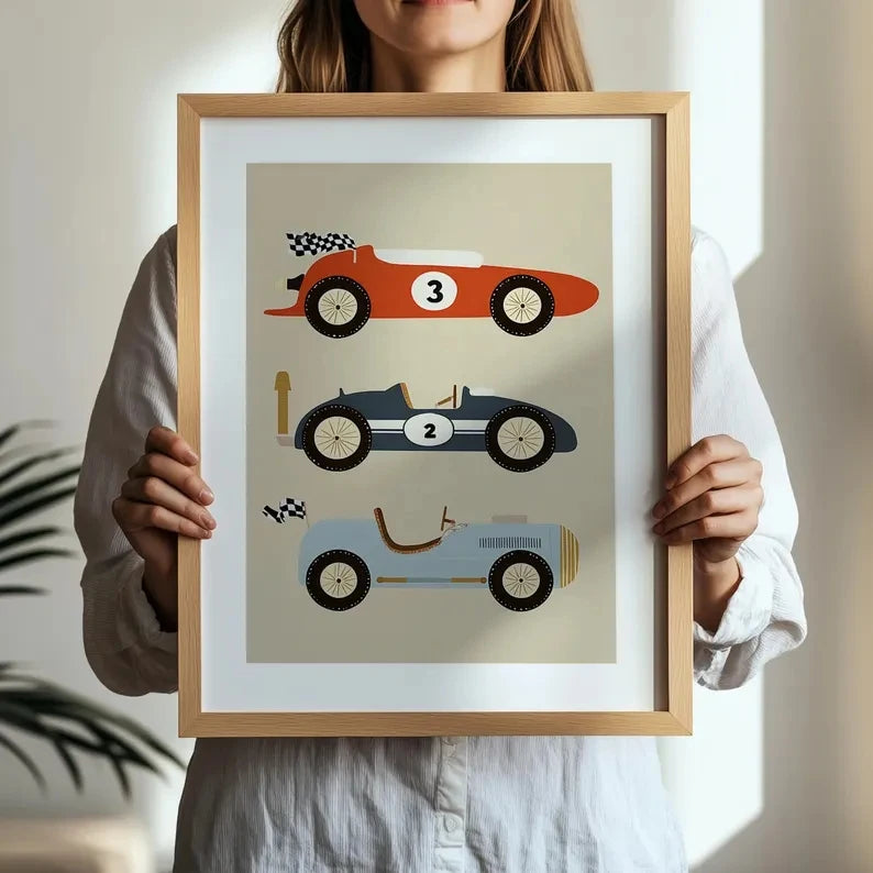 Cartoon Retro Racing Cars Canvas Wall Art | Kids Room Decor