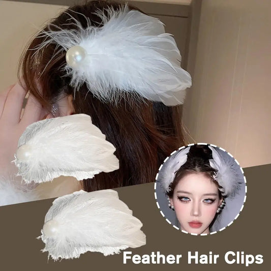 2pcs White Swan Feather Hairpin Headwear Ballet Style Stage Performance Side Clip Girl Party Faux Pearl Accessories Hair Clips Peaceful Pleasures Health and Wellness
