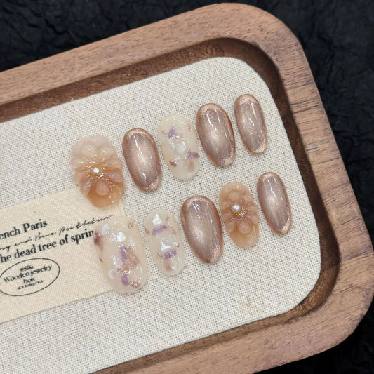 10pcs Handmade Press on Nails Sweet Shiny Cat Eye Fake Nails with Flower Wearable Detachable Short Oval Head False Nail Tips Peaceful Pleasures Health and Wellness XS
