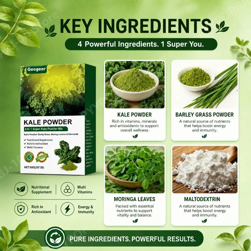 4-in-1 Super Greens Powder: Kale, Barley Grass & Moringa | 20 Sachets