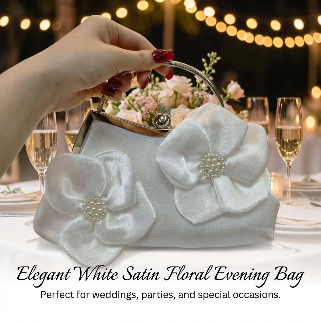 White Flower Clutch Bag For Women Evening Party Wedding Dress With Satin Material Peaceful Pleasures Health and Wellness