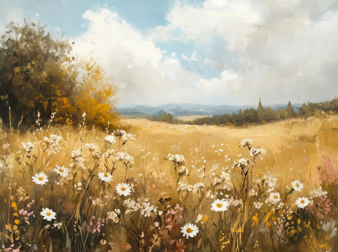 Wildflower Field Landscape Oil Poster Vintage Rustic Moody Autumn Country Scenery Canvas Painting Wall Art for Room Home Deco Peaceful Pleasures Health and Wellness 7 30x40cm Unframed