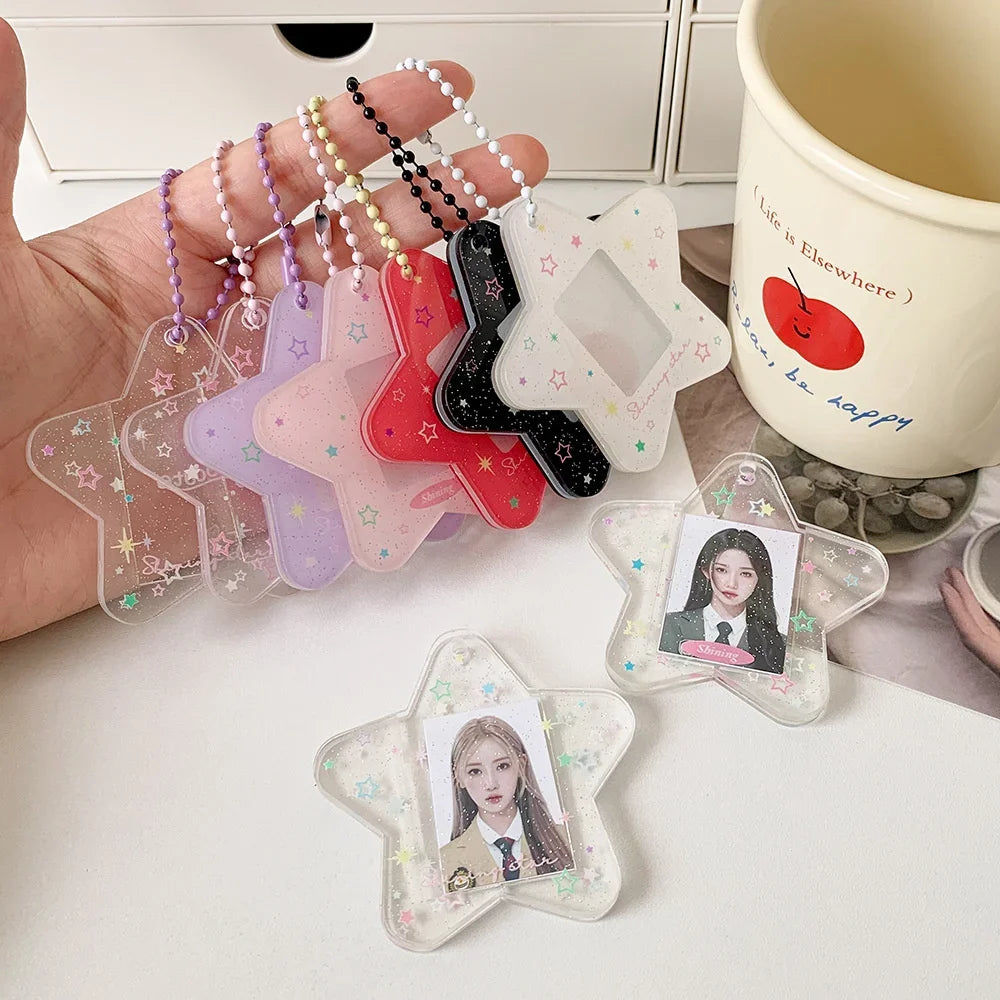 Glitter Five-pointed Star Hard Card Holder One-inch Student ID Photo Decorative Pendant New Acrylic Keychain Pendant Card Holder Peaceful Pleasures Health and Wellness
