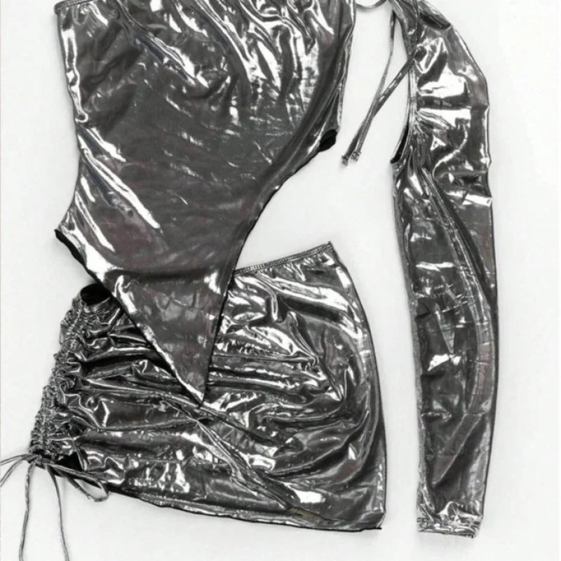 Women's Liquid Metal One-Shoulder Long Sleeve Slim Bodysuit
