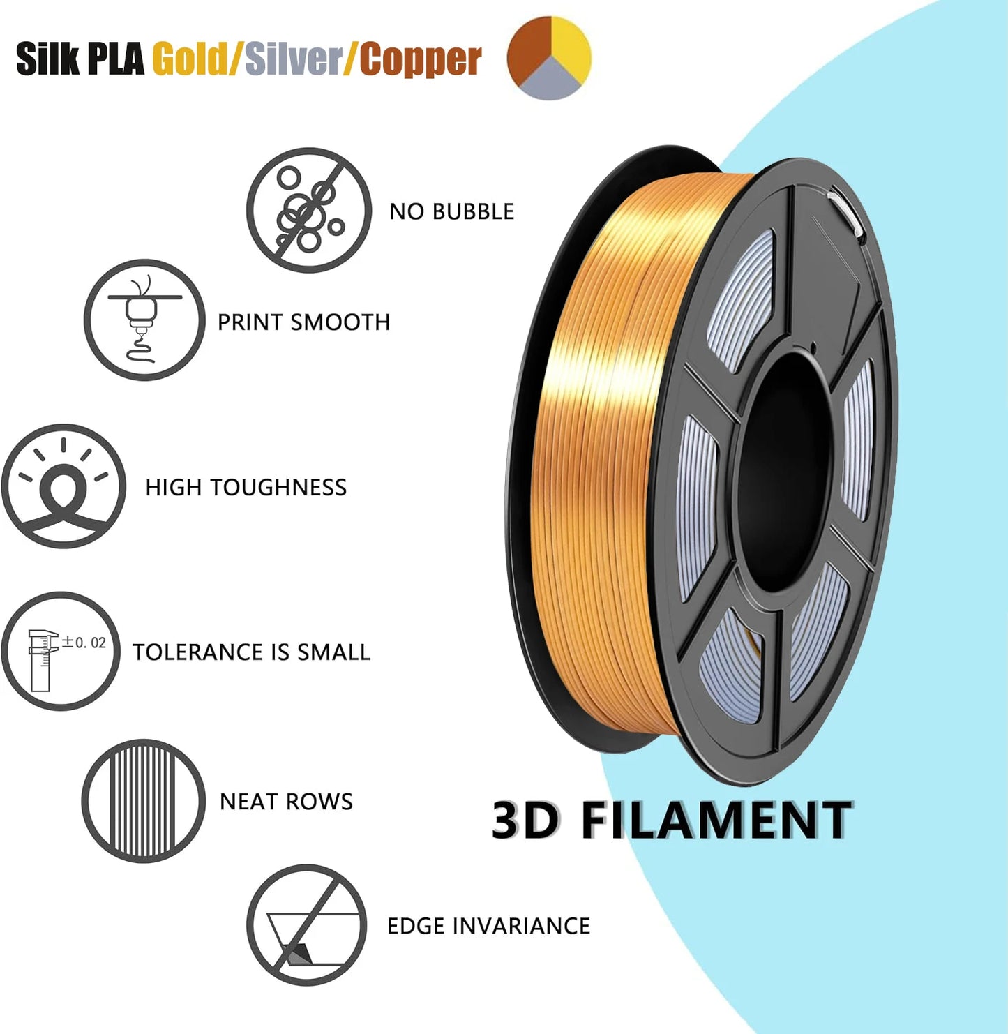 Silk Tricolor PLA+ Filament 1.75mm Gold Silver Copper – 3D Maliang