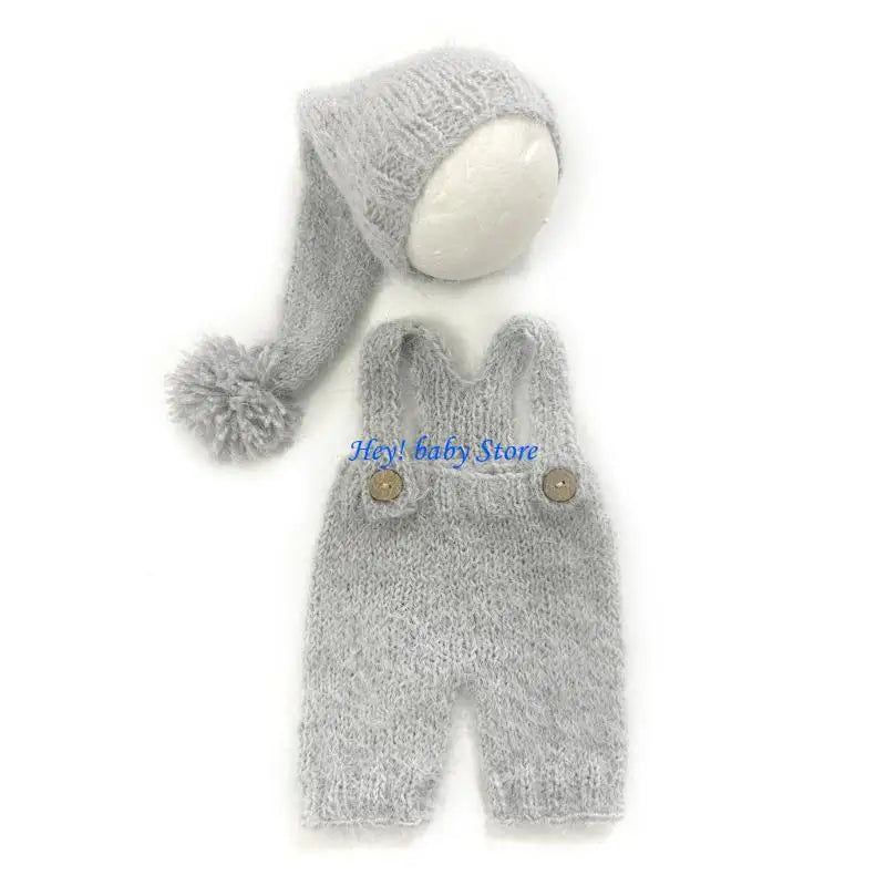 Newborn Photo Props Knit Turban Hat & Suspender Romper Set
