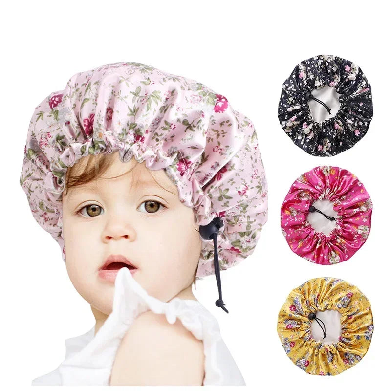 Kids Adjustable Double-Layer Satin Shower Cap & Nightcap