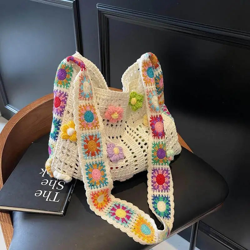 Large Boho Floral Crochet Tote Bag | Hollow Knit Handbag