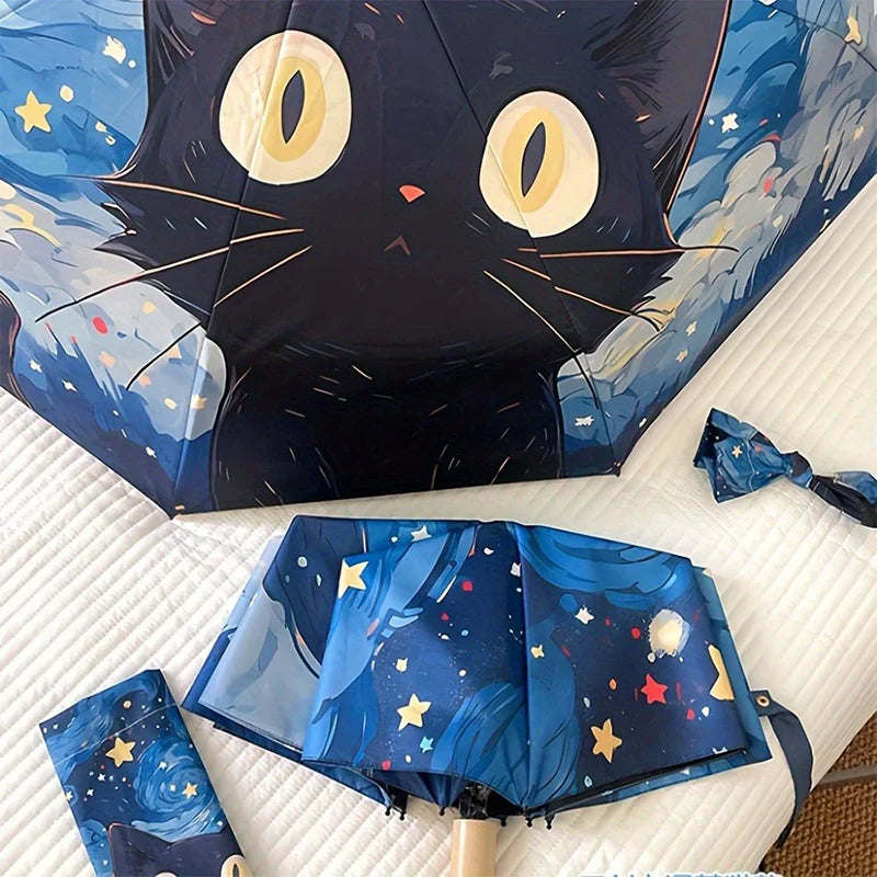 Blue Cartoon Cat Folding UV Umbrella – Sun & Rain Protection