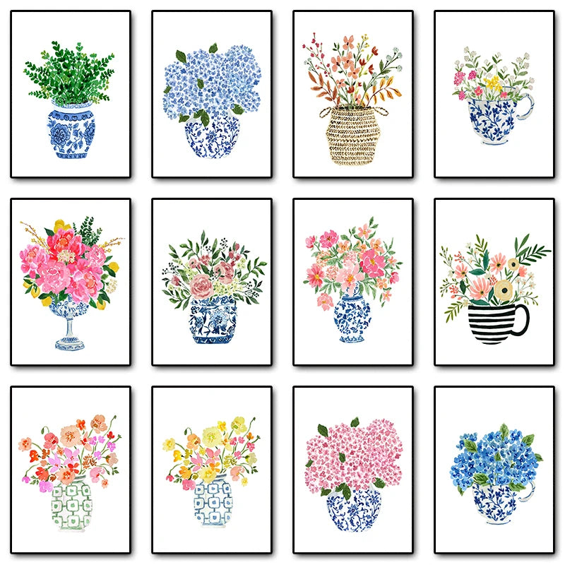 Watercolor Blue & White Vase Floral Canvas Wall Art | Unframed Canvas Wall Art Peaceful Pleasures Health and Wellness