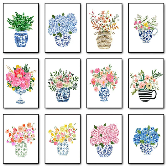 Watercolor Blue & White Vase Floral Canvas Wall Art | Unframed Canvas Wall Art Peaceful Pleasures Health and Wellness