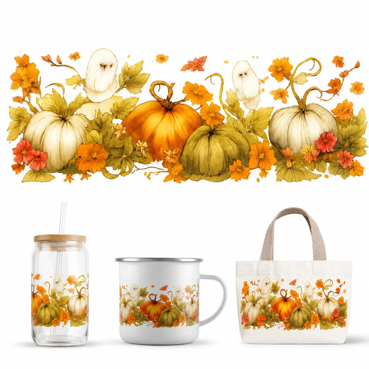 Fall Pumpkin Ghost UV DTF Transfer Sticker – Autumn DIY Decal Rub-On Transfer Sticker Peaceful Pleasures Health and Wellness