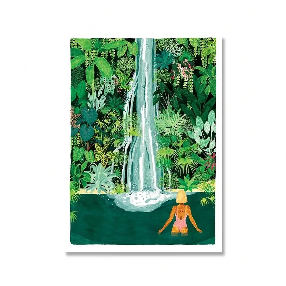 (1pc frameless)Green Botanical Porch Summer Shower Waterfall Wall Art Canvas Painting Nordic Poster Print Picture For Living Peaceful Pleasures Health and Wellness 7 20x30cm Unframed