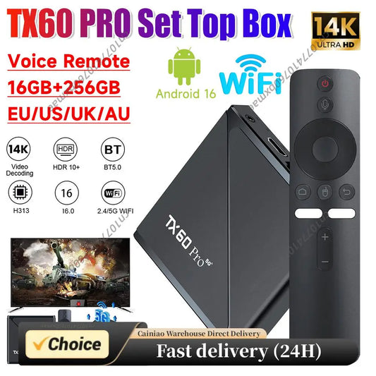 TX60 PRO Android 16 Smart TV Box 14K 2.4G/5G Dual WiFi 6 Media Player Set Top Box with Remote Set Top Box Quad Core16GB 256GB Peaceful Pleasures Health and Wellness