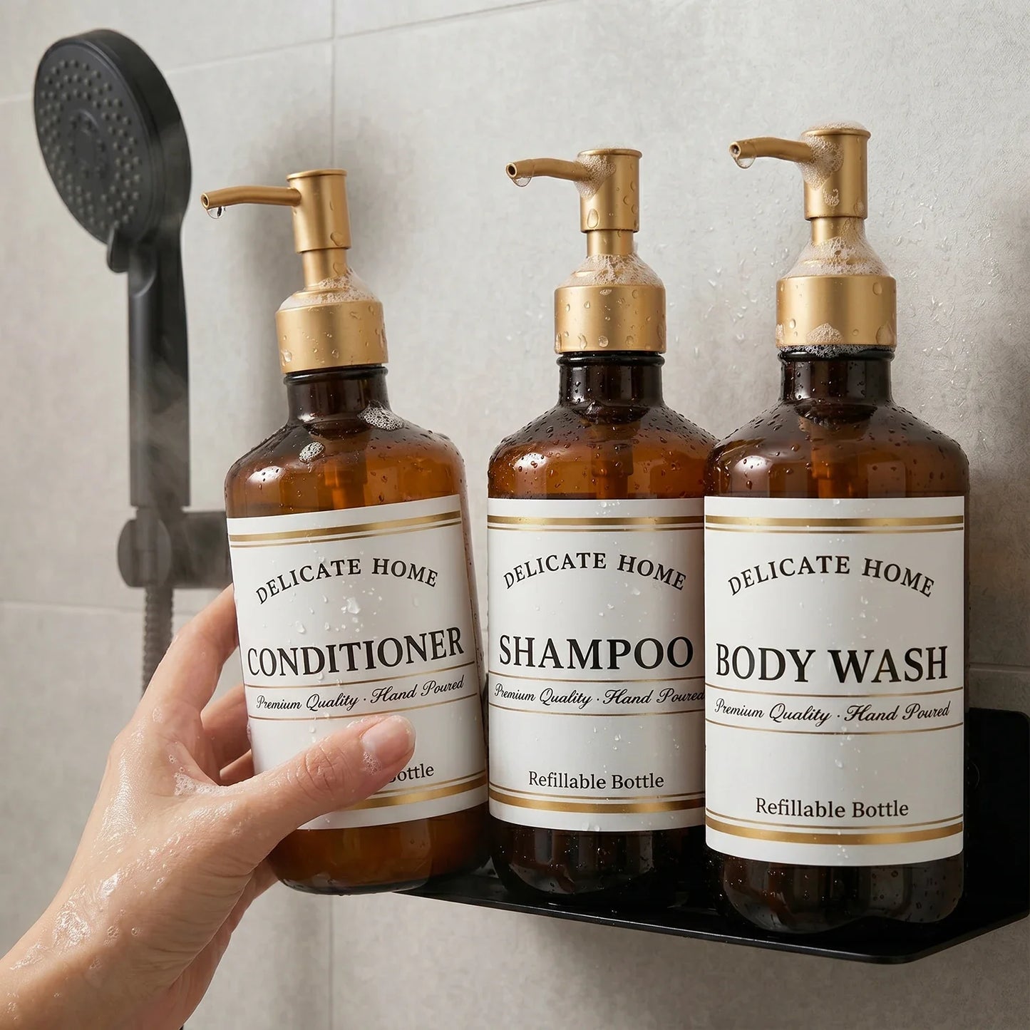 Amber Pump Dispenser Bottles 3-Pack | 500ml Refillable Shower Set