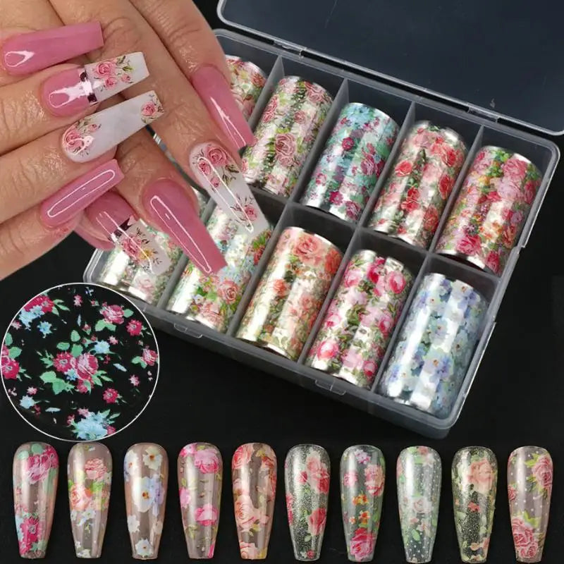 10 Rolls Flower Rose Nail Foils For Transfer Paper Floral Sliders Butterfly Nail Art Stickers Decal Nail Art Decorations Peaceful Pleasures Health and Wellness
