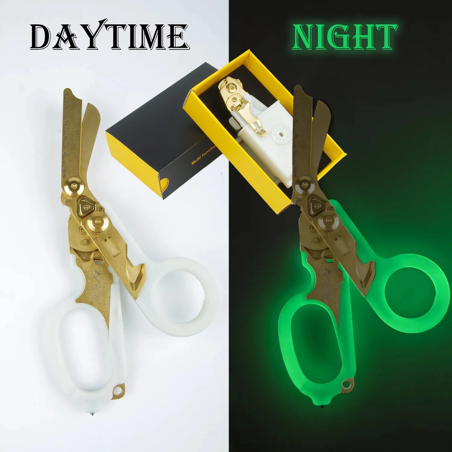 Sanke Rescue Trauma Shears Emergency Scissors Tool Stainless Steel Foldable Trauma Shears with Strap Cutter Glass Breaker EDC Peaceful Pleasures Health and Wellness Fluorescence set
