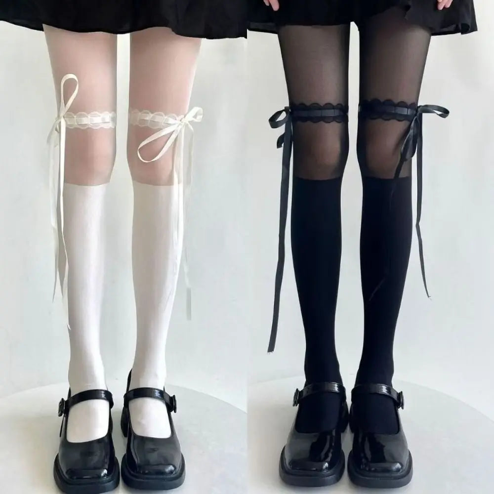 Women's Bowknot High Waist Hollow Pantyhose Thin Tights