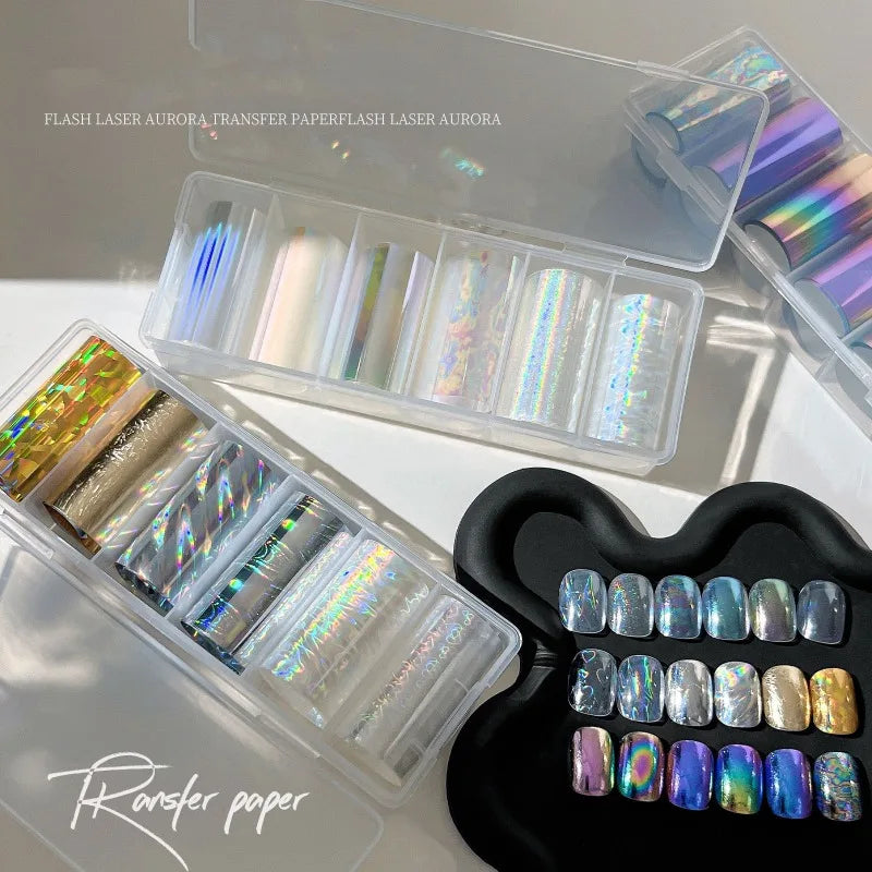 6 Rolls Holographic Aurora Nail Transfer Decals – Iridescent DIY