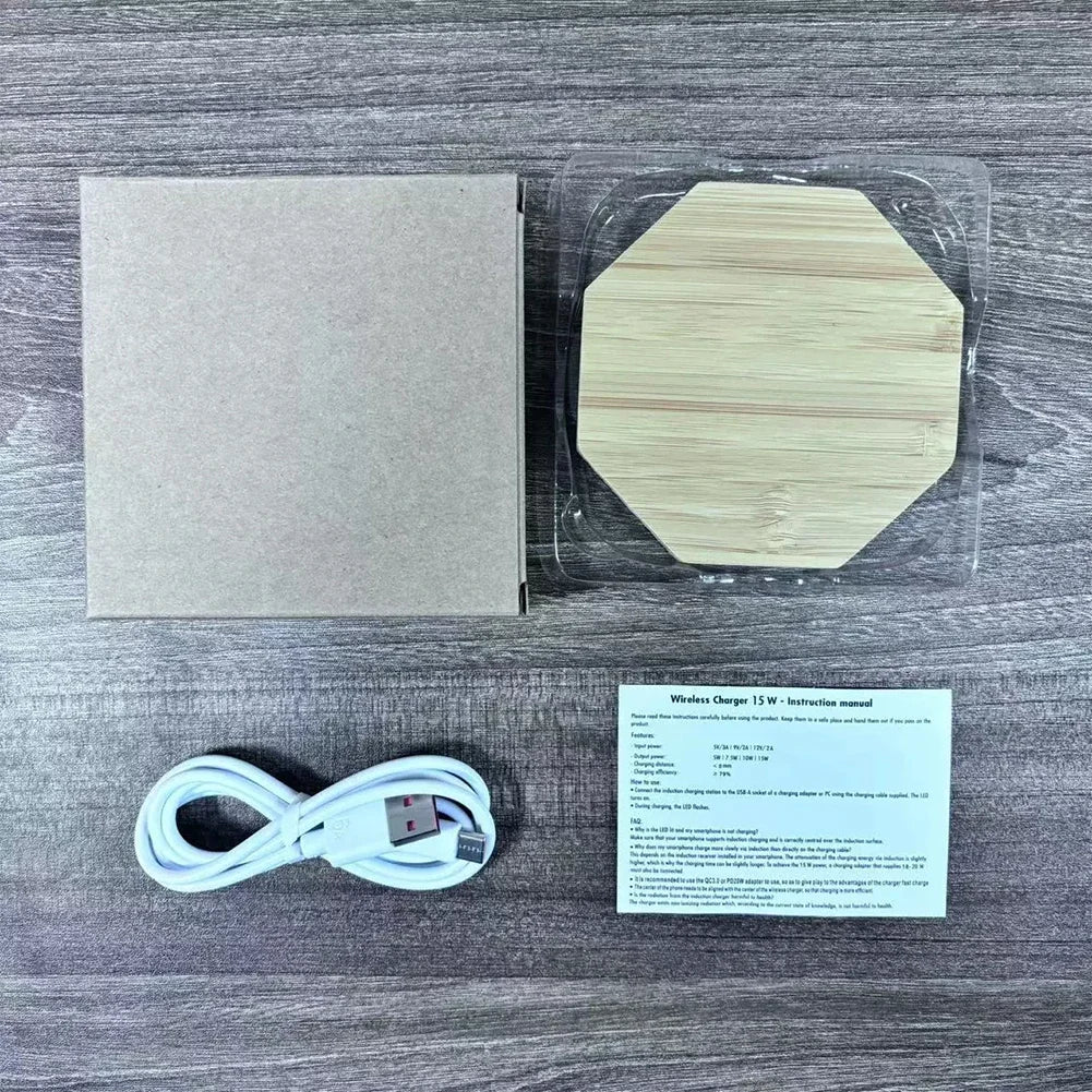 Bamboo 15W Qi Wireless Charger – USB-C Fast Charging Pad