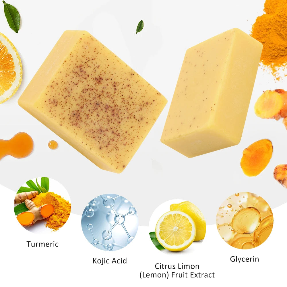 1/2pc 100g Kojic Acid Turmeric Lemon Soap Bar Handmade Brightening Soap for Dark Spots Face Body Wash Cleanser with Foaming Net Peaceful Pleasures Health and Wellness